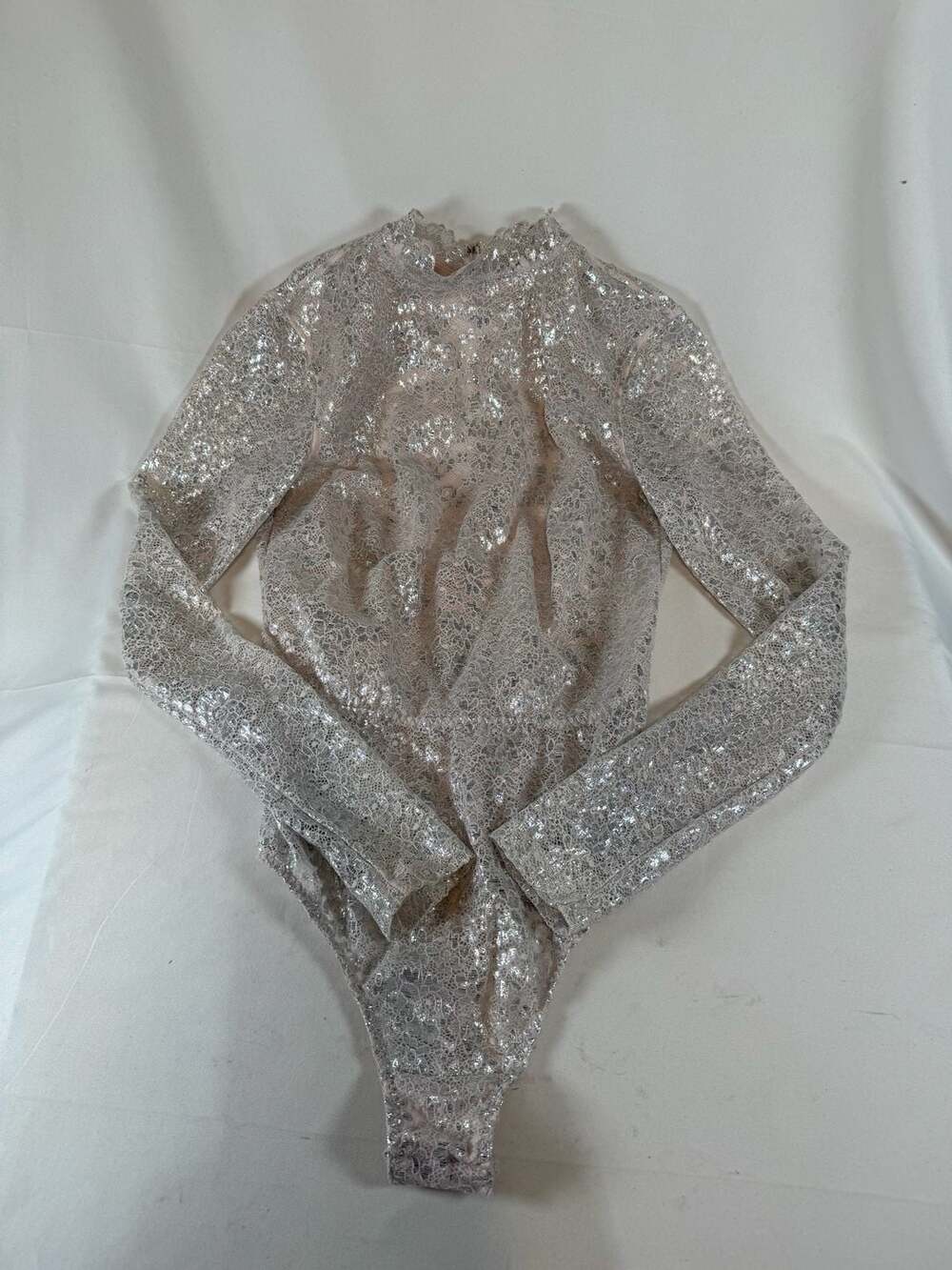 Victoria's Secret Womens Bodysuit Size S Pink Metallic Lace Long Sleeve Mock Nec